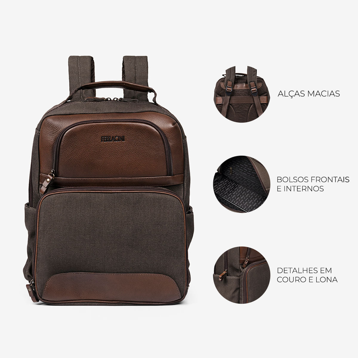 Mochila de Couro Cabernet Conhaque e Lona Café | Ferracini - Image 2