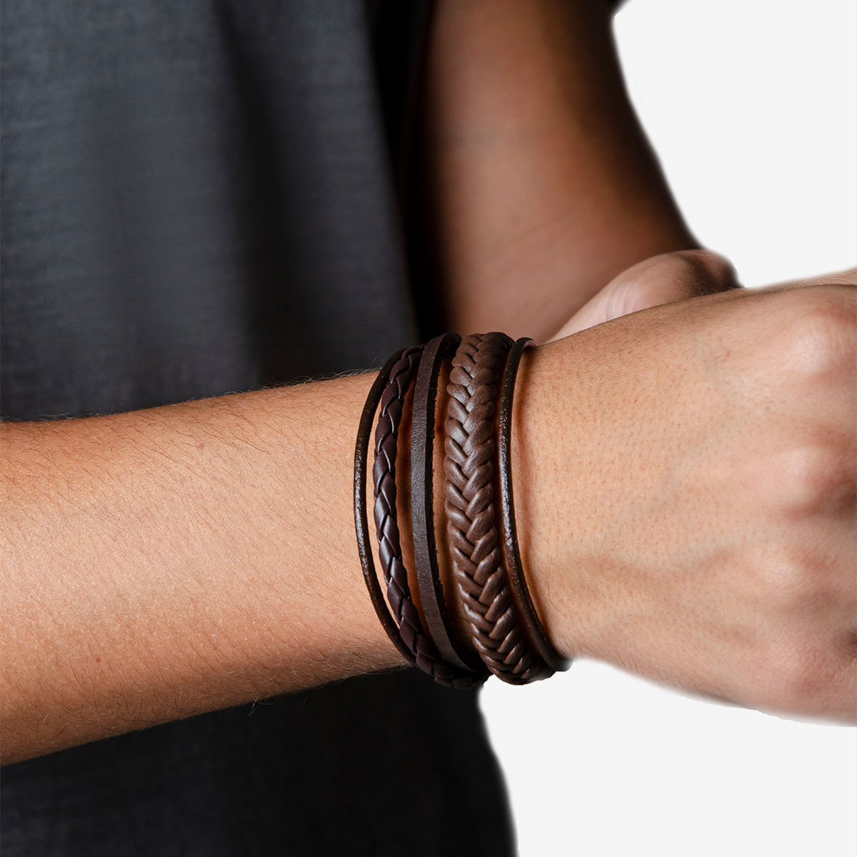 Pulseira Masculina 3 Tiras Trançada Couro Marrom | Ferracini - Image 2