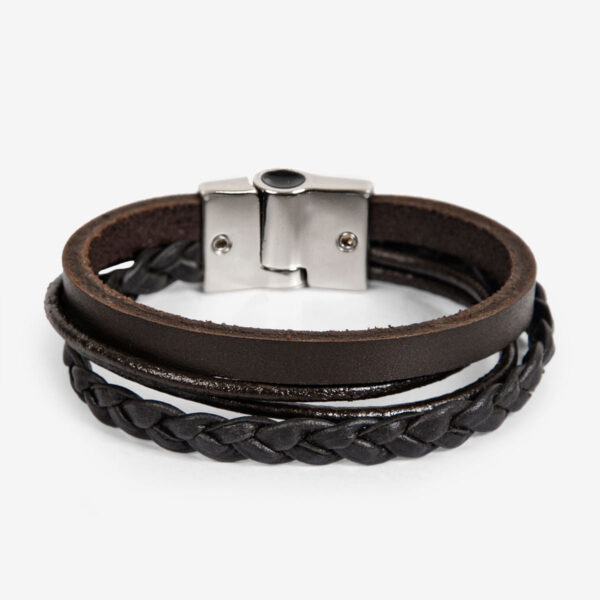 Pulseira Masculina 2 Tiras Trançada Couro Marrom | Ferracini