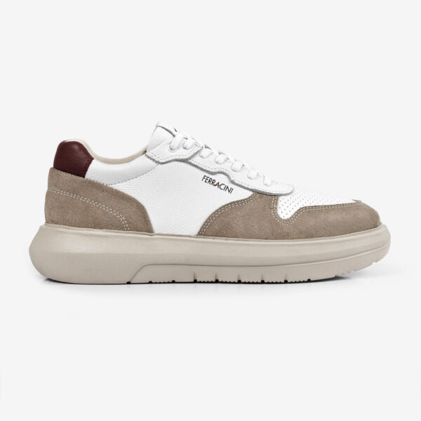 Sneaker de Couro Branco e Camurça Areia Energy | Ferracini