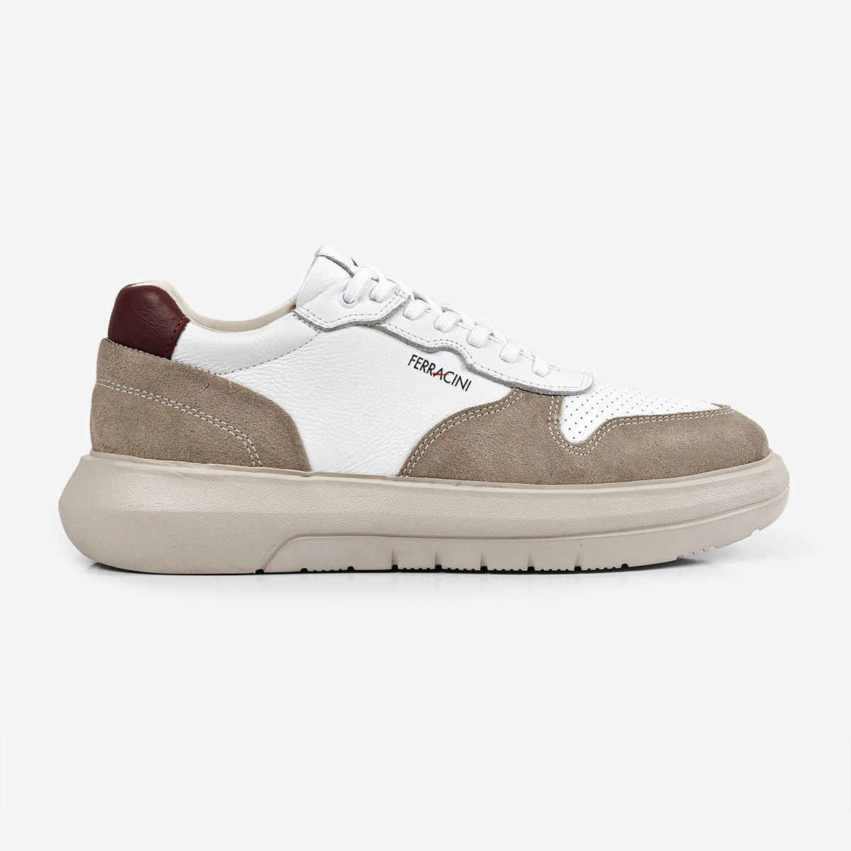 Sneaker de Couro Branco e Camurça Areia Energy | Ferracini